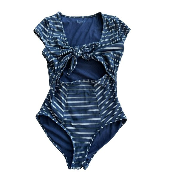 Athleta French Stripe Navy Blue Tie Front Cut-Out Swimsuit Size Small Womens - Picture 3 of 7